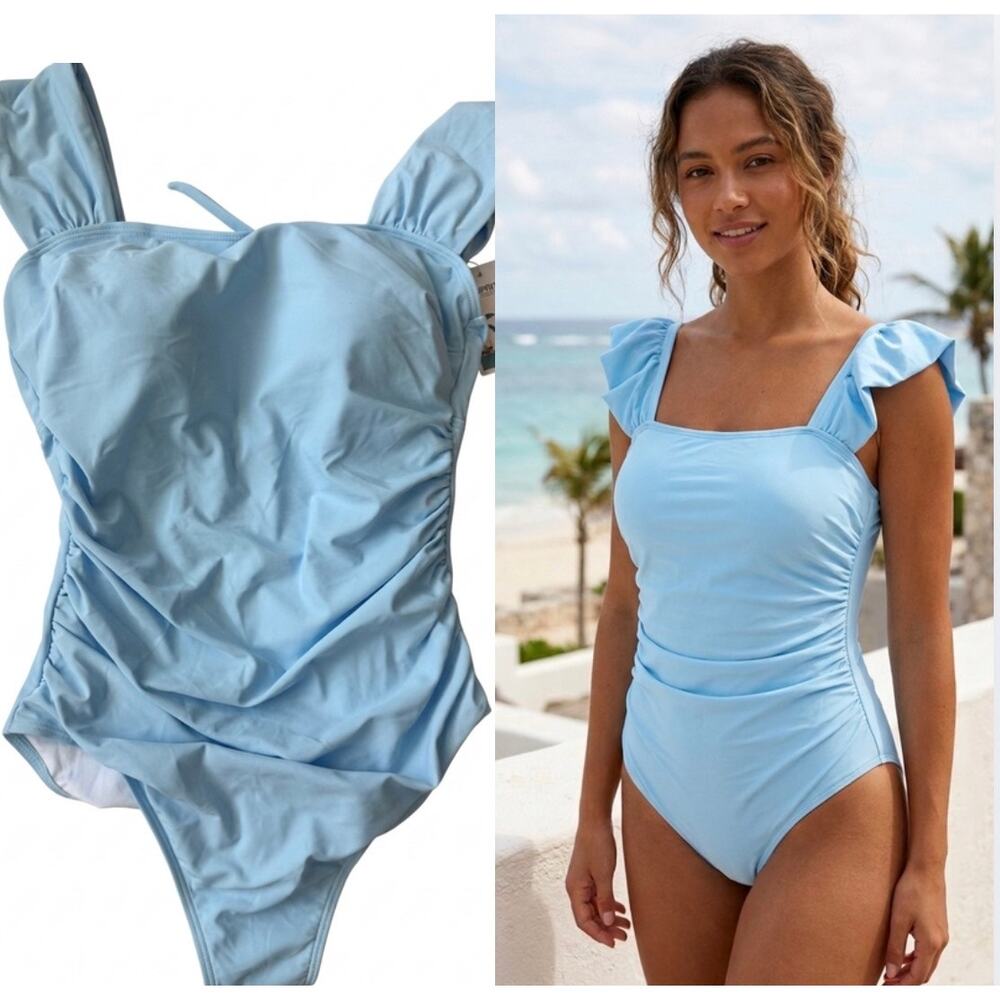NWT Light Blue Ruffle Sleeve Ruched One Piece Swimsuit Tummy Control Medium